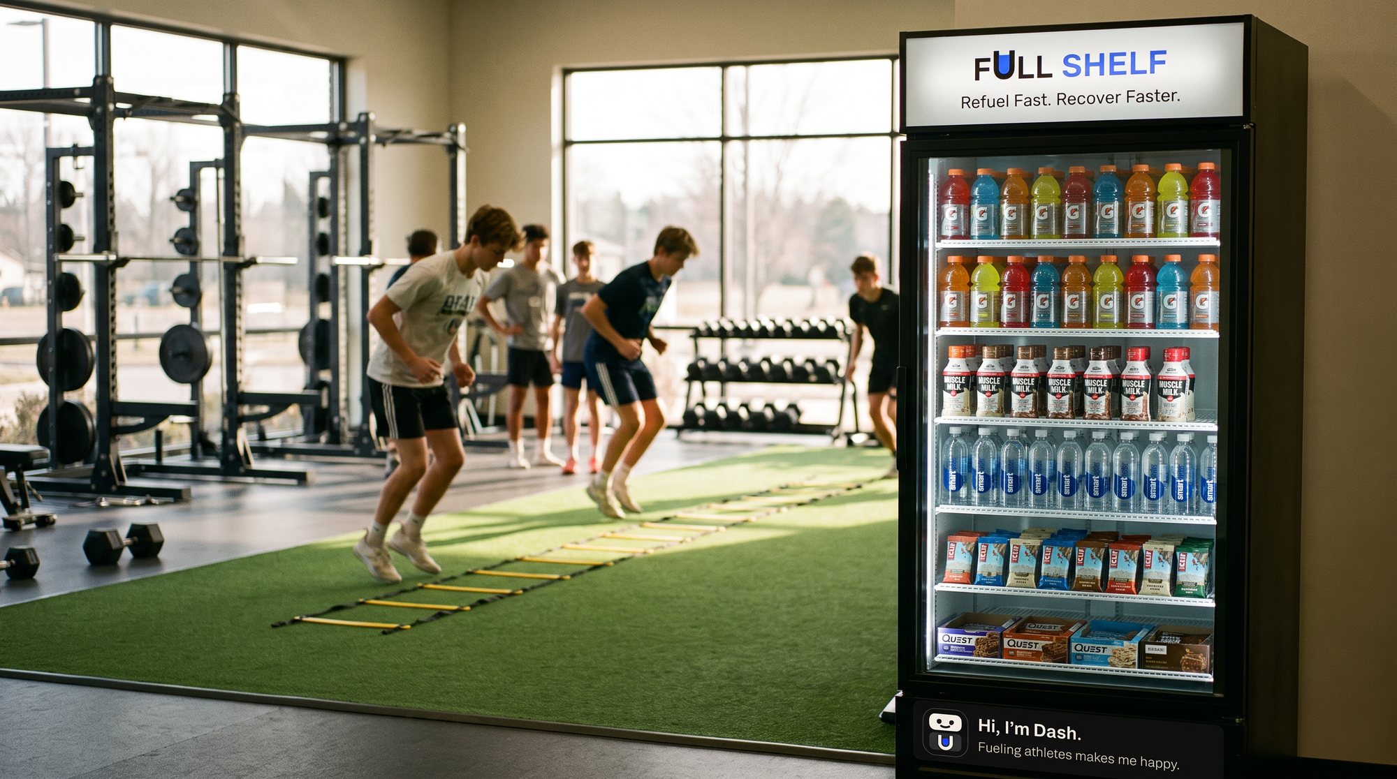 A Full Shelf smart cooler stocked with sports drinks, protein shakes, water, and protein bars, beside young athletes training on turf at an athletic performance facility